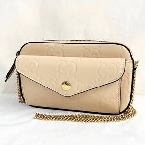 GUCCI Chain Shoulder Bag Beige Leather GG